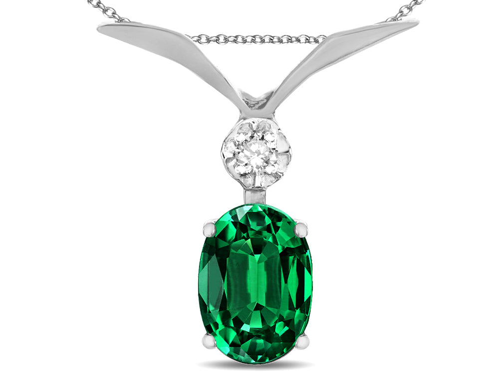 Star K Oval 8x6mm Simulated Emerald V Shaped Pendant Necklace