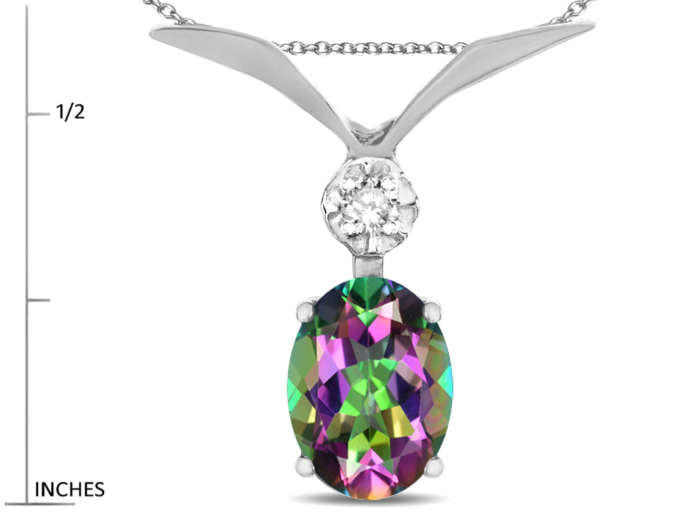 Star K Oval 8x6mm Rainbow Mystic Topaz V Shaped Pendant Necklace