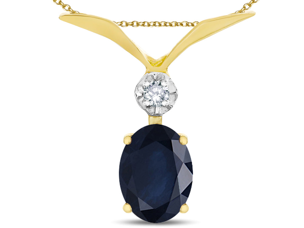 Star K Oval 8x6mm Genuine Sapphire V Shaped Pendant Necklace