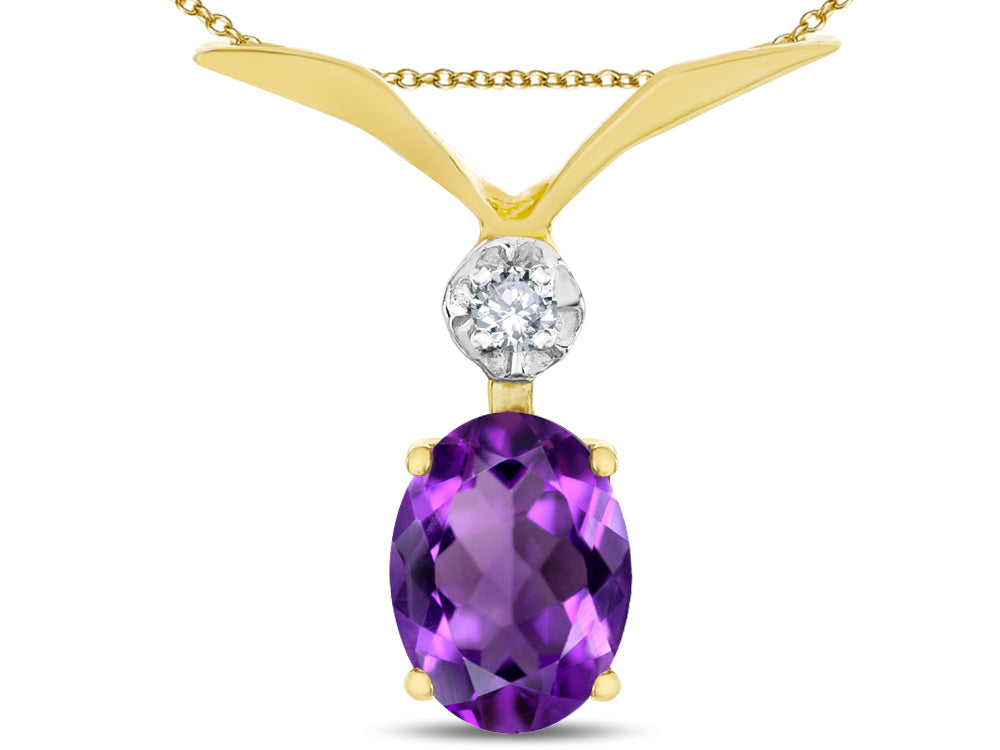 Star K Oval 8x6mm Genuine Amethyst V Shaped Pendant Necklace