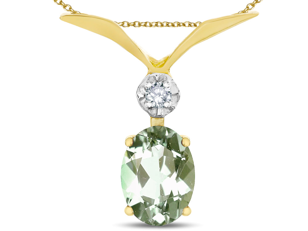 Star K Oval 8x6mm Genuine Green Amethyst V Shaped Pendant Necklace