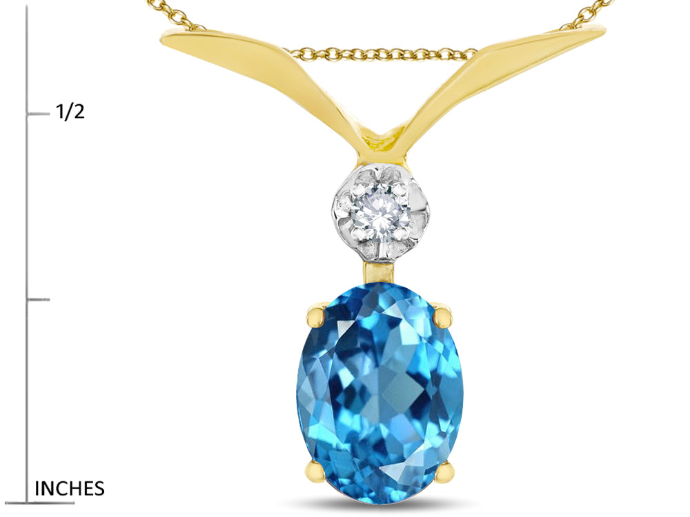 Star K Oval 8x6mm Genuine Blue Topaz V Shaped Pendant Necklace
