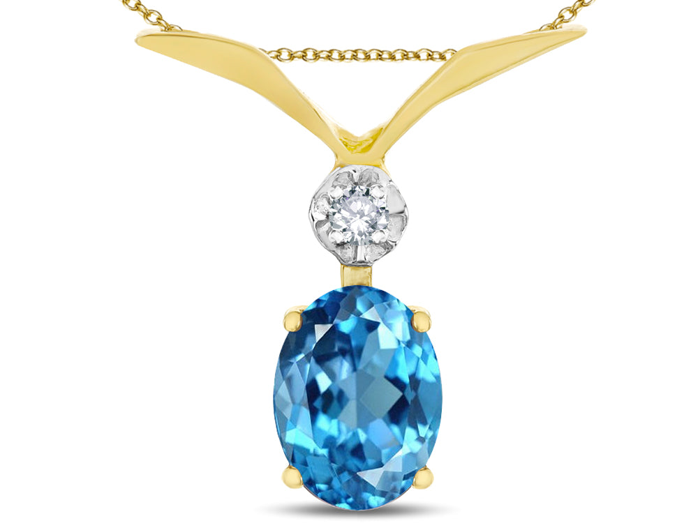 Star K Oval 8x6mm Genuine Blue Topaz V Shaped Pendant Necklace