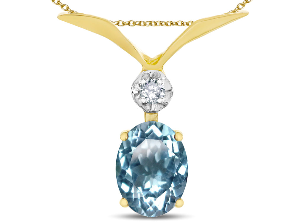 Star K Oval 8x6mm Genuine Sky Blue Topaz V Shaped Pendant Necklace