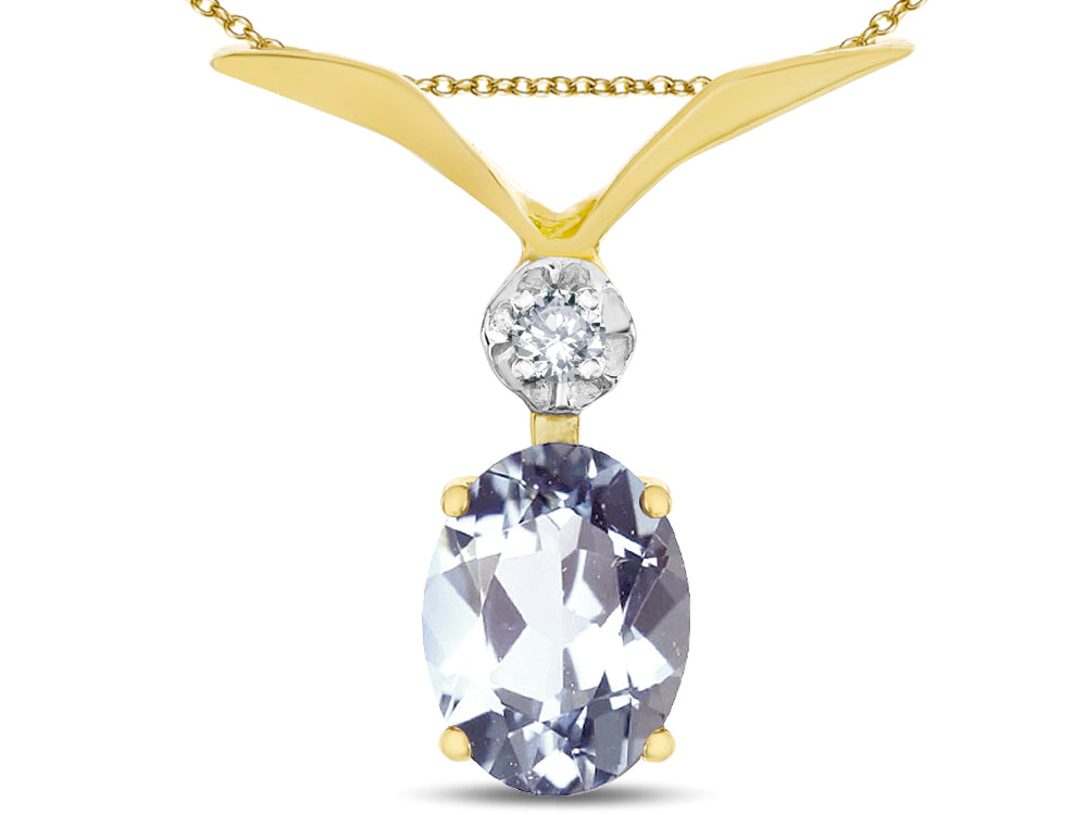 Star K Oval 8x6mm Genuine Aquamarine V Shaped Pendant Necklace