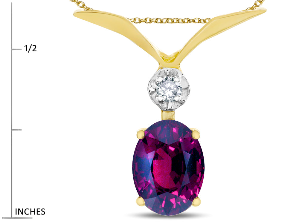 Star K Oval 8x6mm Genuine Rhodolite V Shaped Pendant Necklace