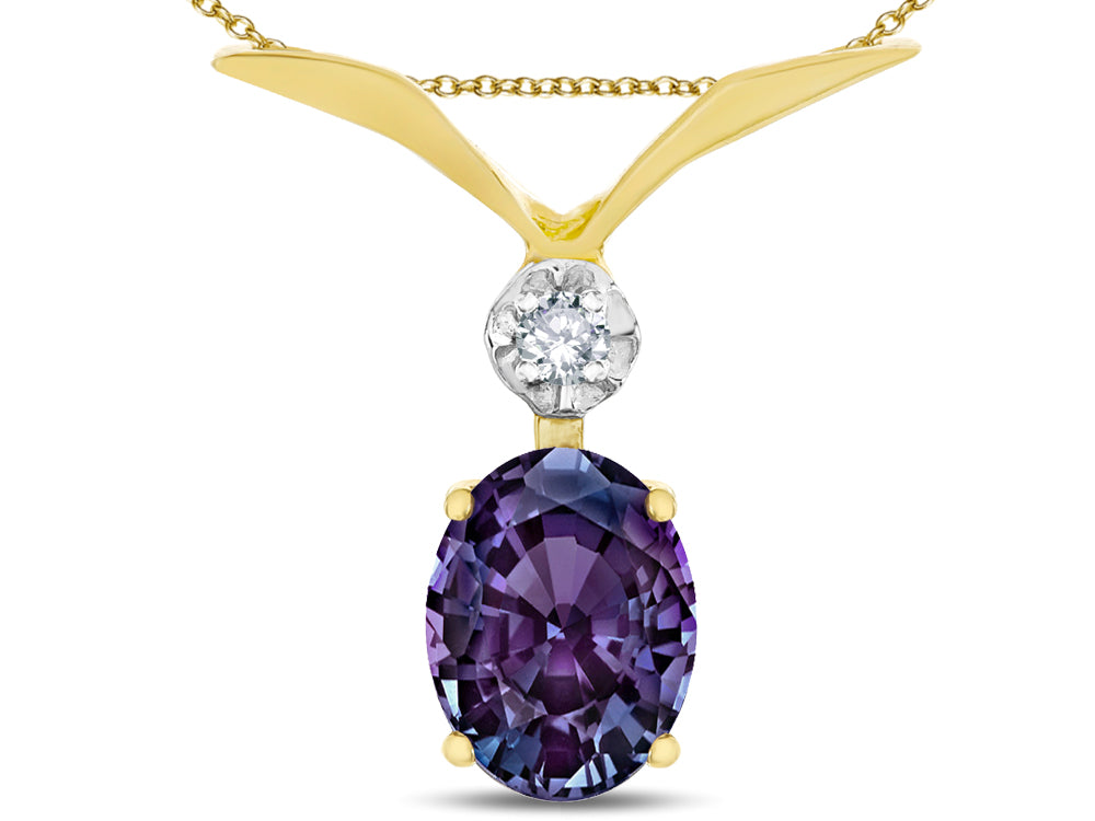 Star K Oval 8x6mm Simulated Alexandrite V Shaped Pendant Necklace