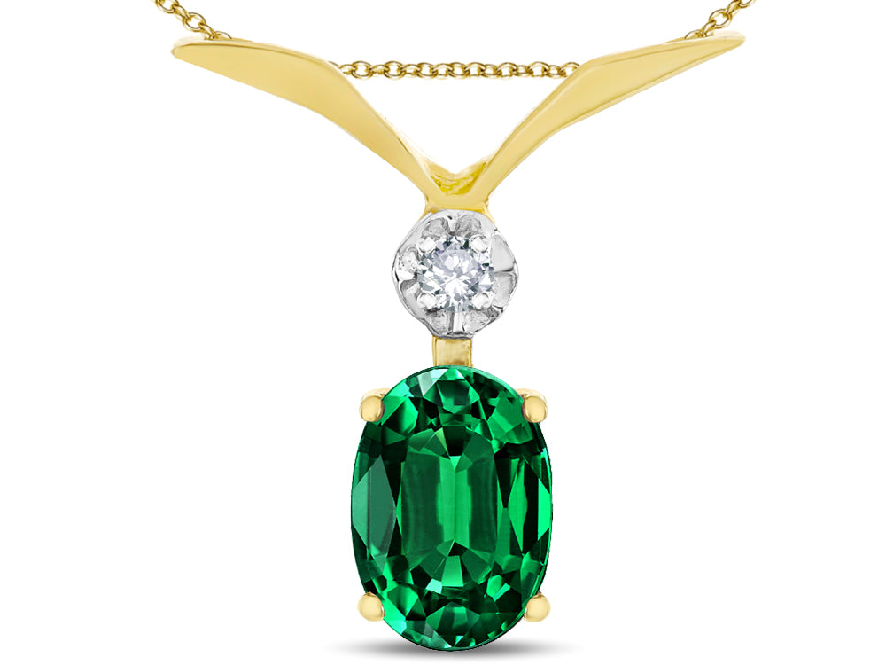 Star K Oval 8x6mm Simulated Emerald V Shaped Pendant Necklace