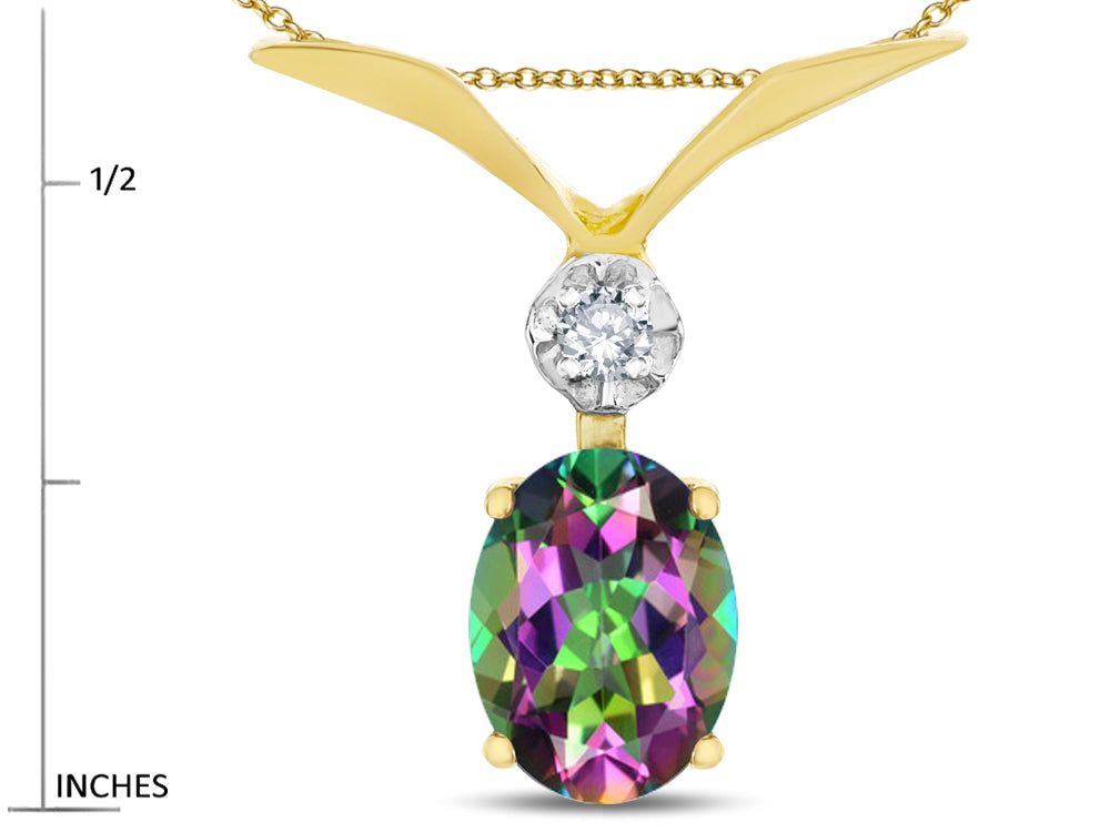 Star K Oval 8x6mm Rainbow Mystic Topaz V Shaped Pendant Necklace
