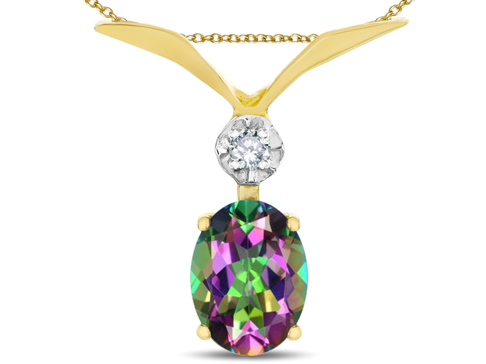 Star K Oval 8x6mm Rainbow Mystic Topaz V Shaped Pendant Necklace