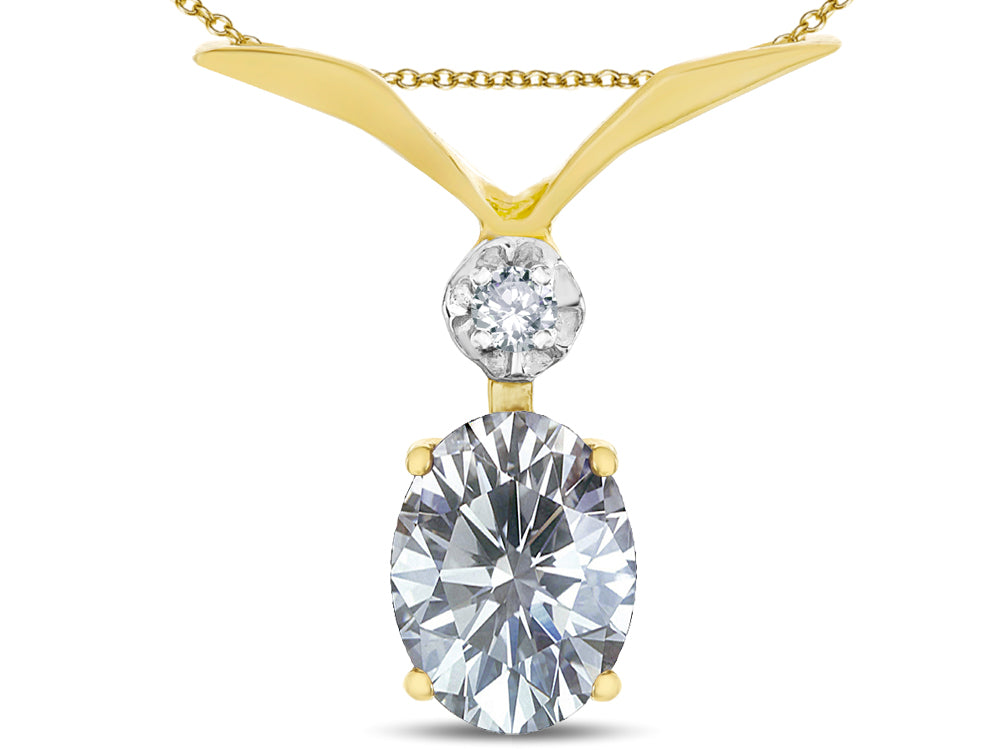 Star K Oval 8x6mm Genuine White Topaz V Shaped Pendant Necklace