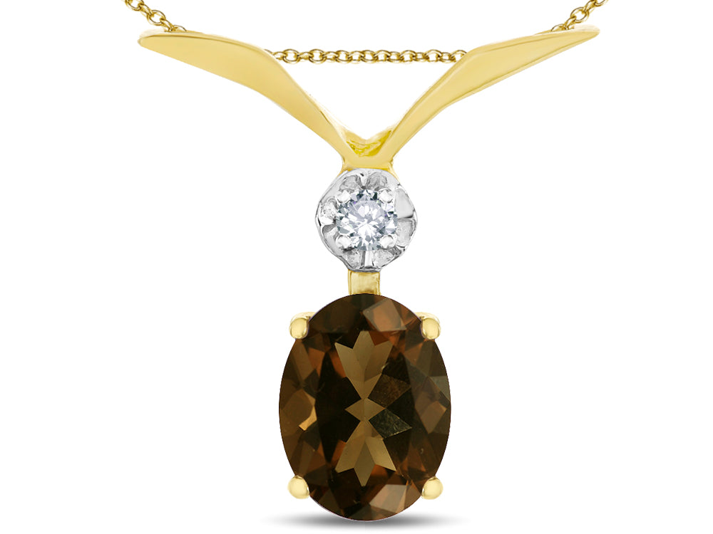 Star K Oval 8x6mm Genuine Smoky Quartz V Shaped Pendant Necklace