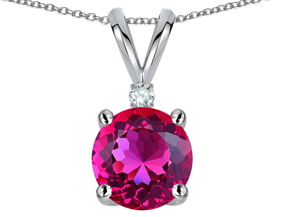 Star K Classic Round 7mm One Stone Simulated Pink Tourmaline Pendant Necklace