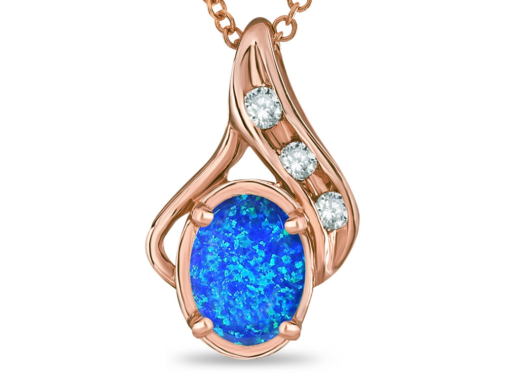 Star K Oval 7x5mm Blue Created Opal  Drop Pendant Necklace