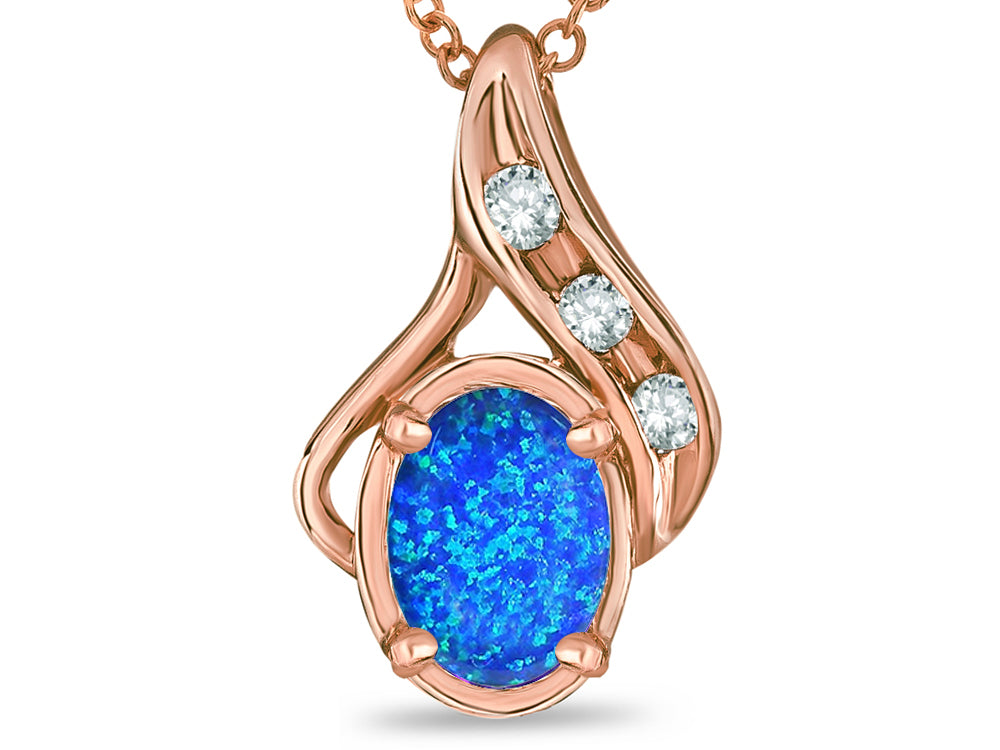 Star K Oval 7x5mm Blue Created Opal  Pendant Necklace