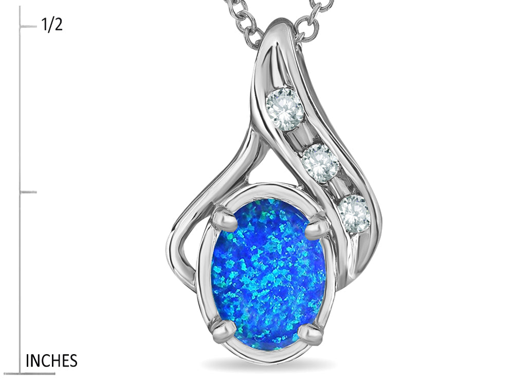 Star K Oval 7x5mm Blue Created Opal  Pendant Necklace