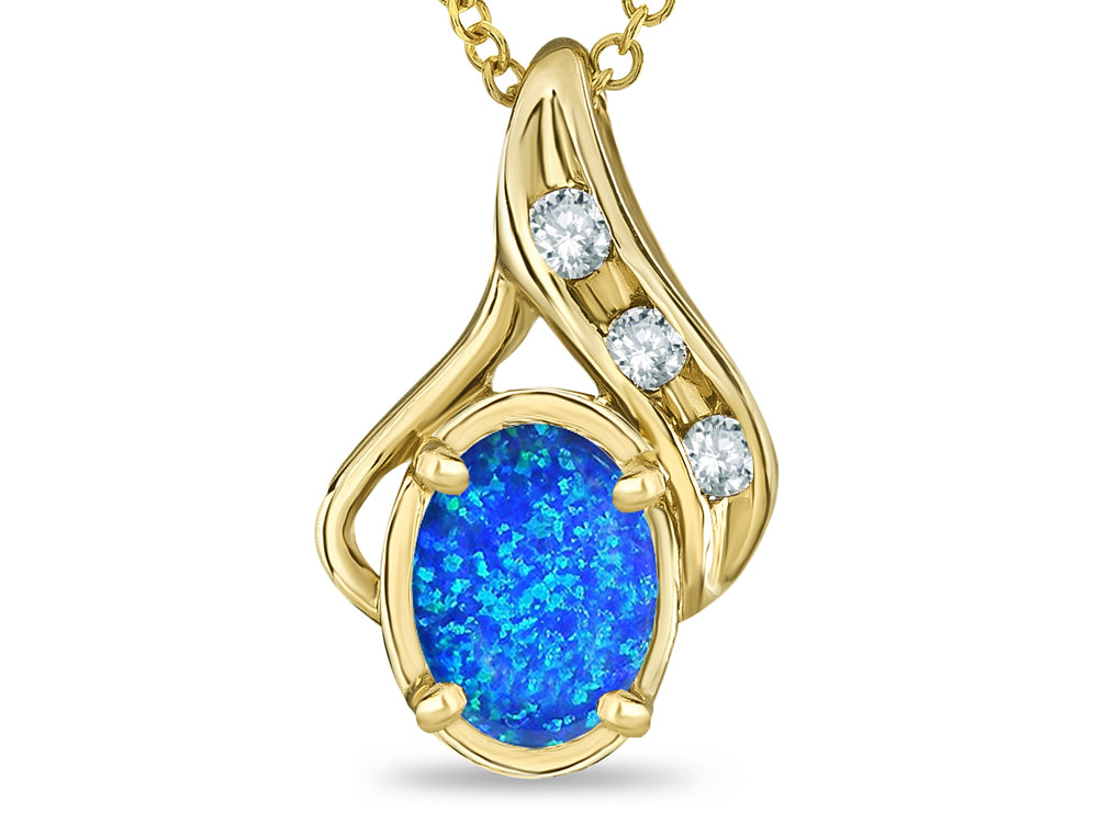 Star K Oval 7x5mm Blue Created Opal  Pendant Necklace