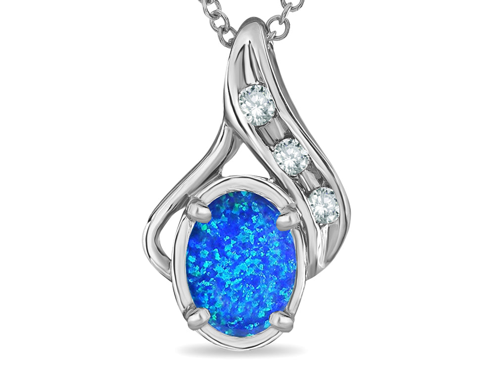 Star K Oval 7x5mm Blue Created Opal  Pendant Necklace