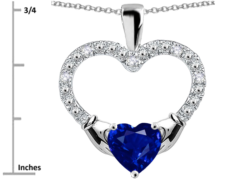 Star K Hands Holding Heart Created Sapphire Claddagh Pendant Necklace