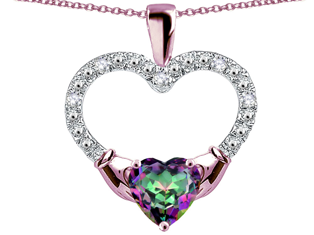 Star K Hands Holding Heart Rainbow Mystic Topaz Claddagh Pendant Necklace