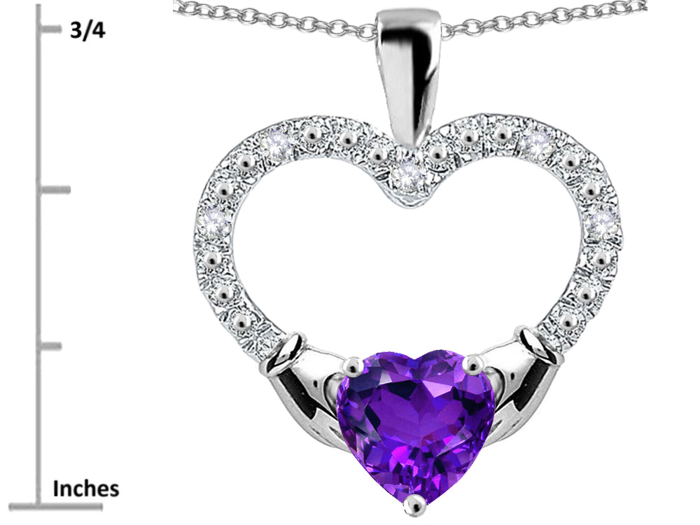 Star K Hands Holding Heart Genuine Amethyst Claddagh Pendant Necklace