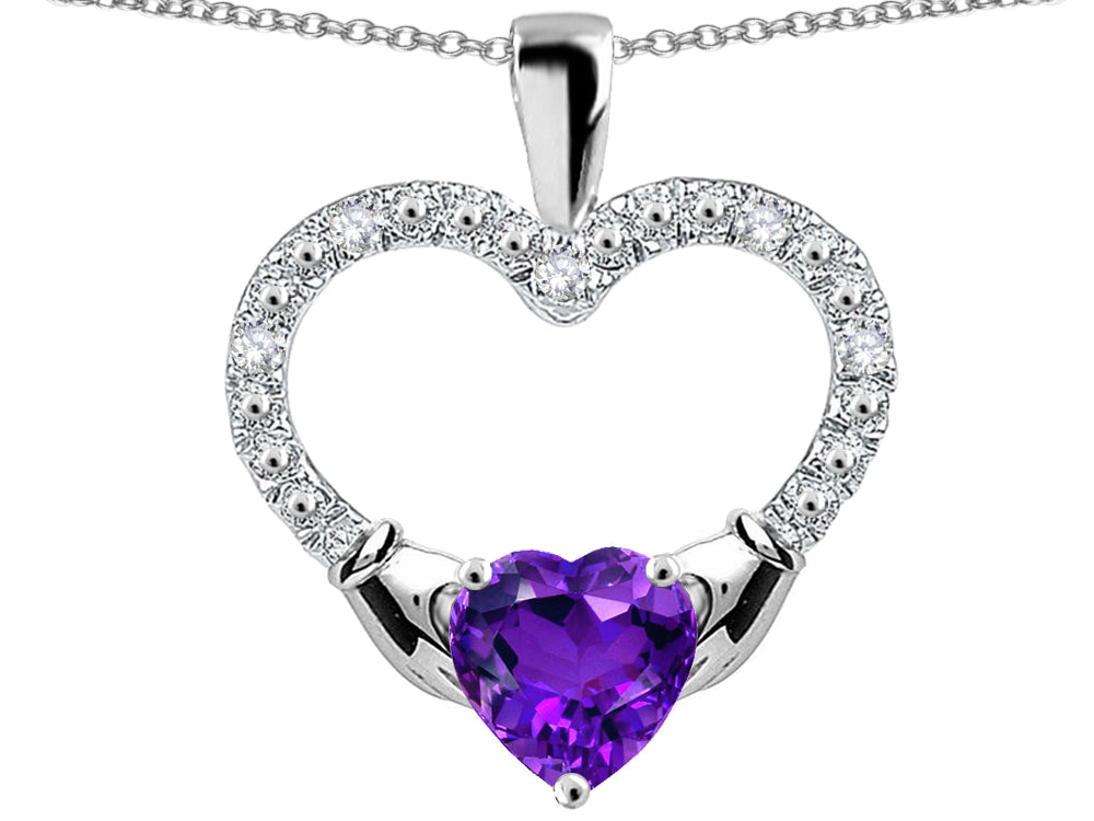 Star K Hands Holding Heart Genuine Amethyst Claddagh Pendant Necklace