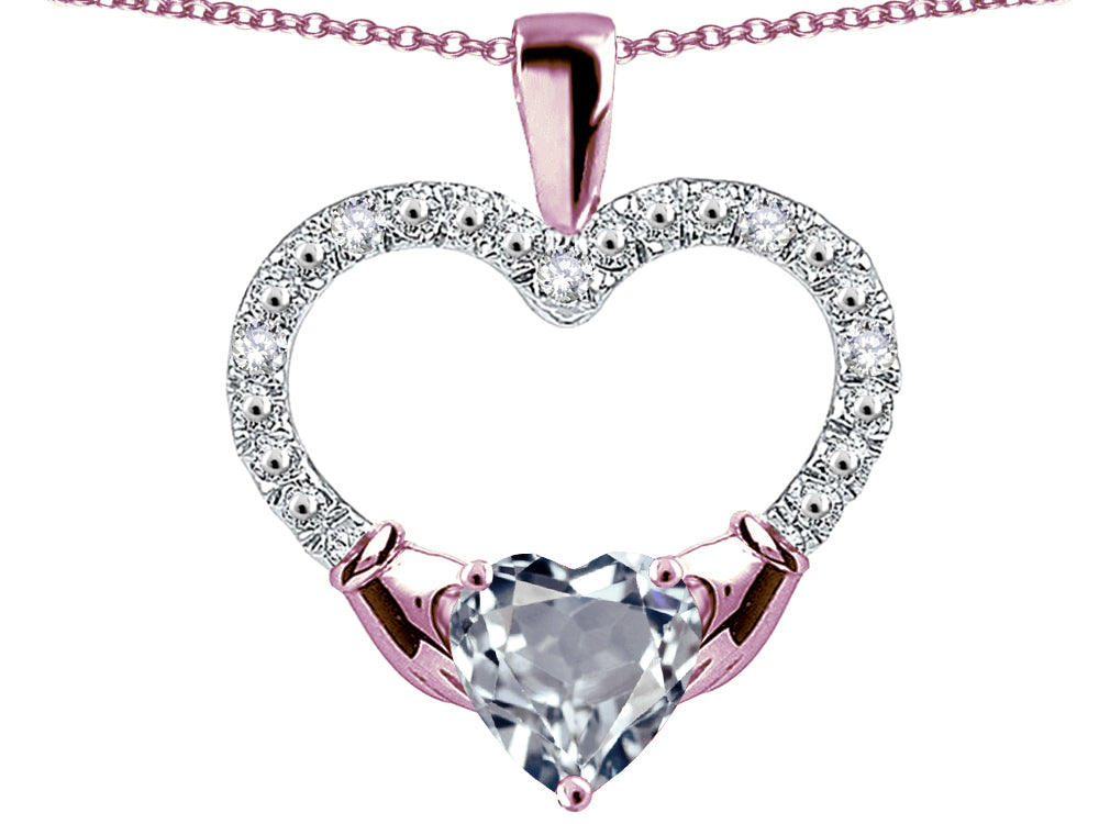 Star K Hands Holding Heart Genuine Aquamarine Claddagh Pendant Necklace