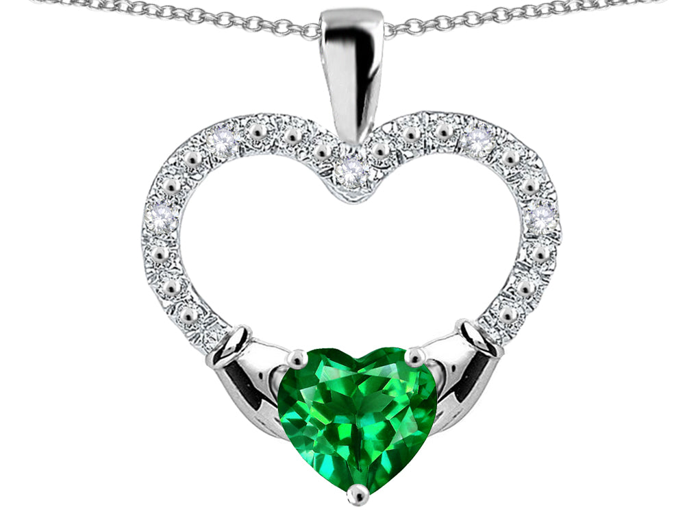 Star K Hands Holding Heart Simulated Emerald Claddagh Pendant Necklace