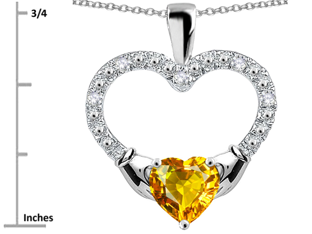 Star K Hands Holding Heart Genuine Citrine Claddagh Pendant Necklace