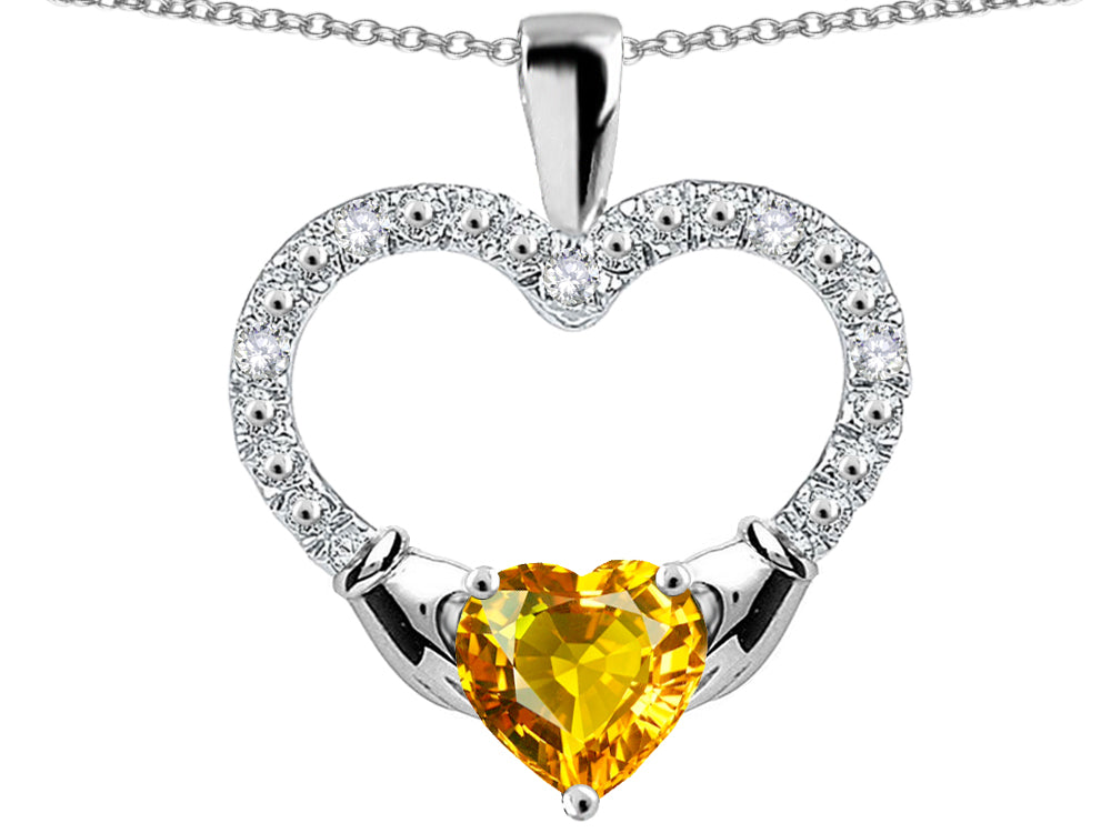 Star K Hands Holding Heart Genuine Citrine Claddagh Pendant Necklace