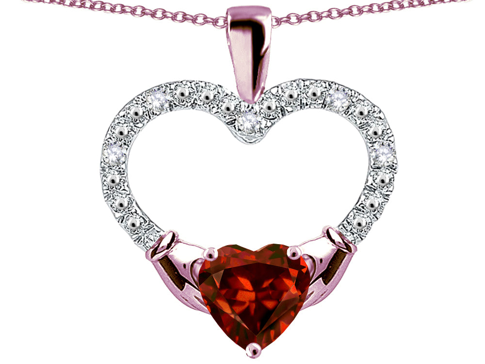 Star K Hands Holding Heart Genuine Garnet Claddagh Pendant Necklace