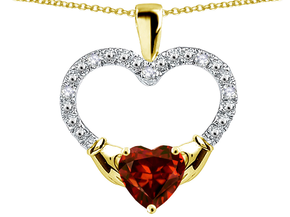 Star K Hands Holding Heart Genuine Garnet Claddagh Pendant Necklace