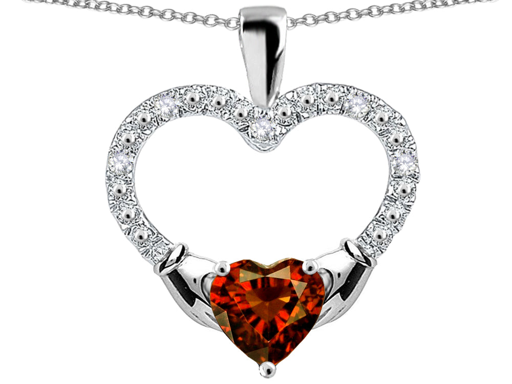 Star K Hands Holding Heart Genuine Garnet Claddagh Pendant Necklace