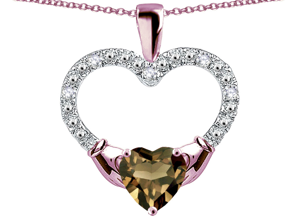 Star K Hands Holding Heart Smoky Quartz Claddagh Pendant Necklace