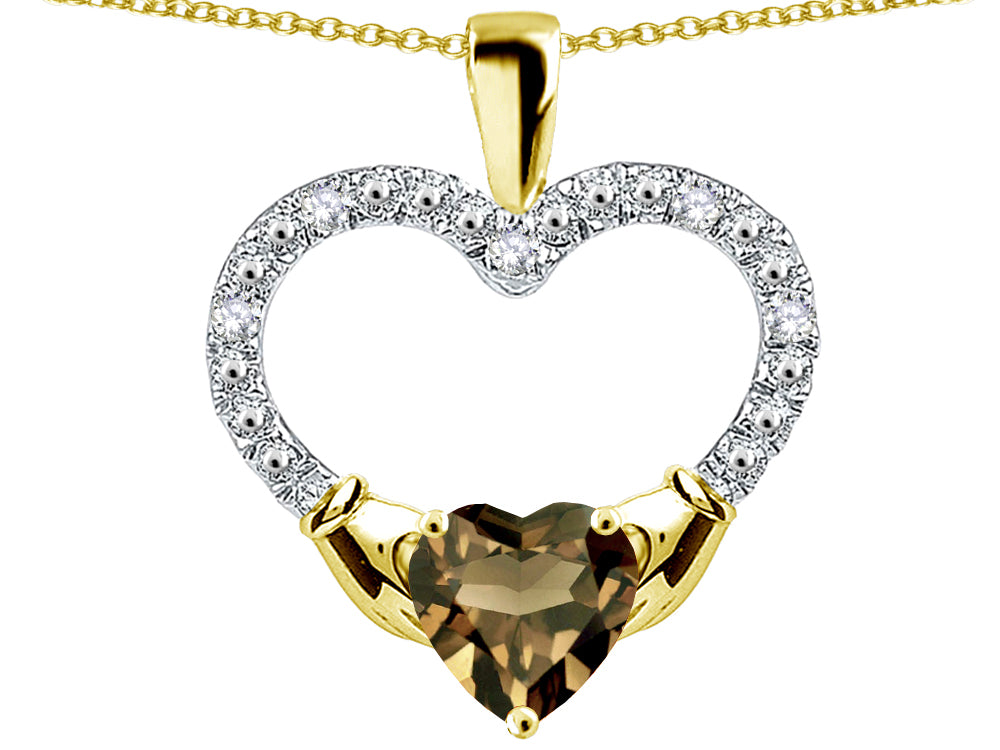 Star K Hands Holding Heart Smoky Quartz Claddagh Pendant Necklace