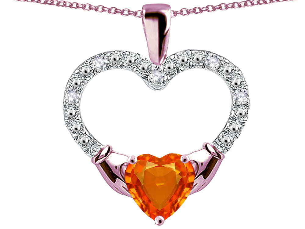 Star K Hands Holding Heart Simulated Mexican Fire Opal Claddagh Pendant Necklace