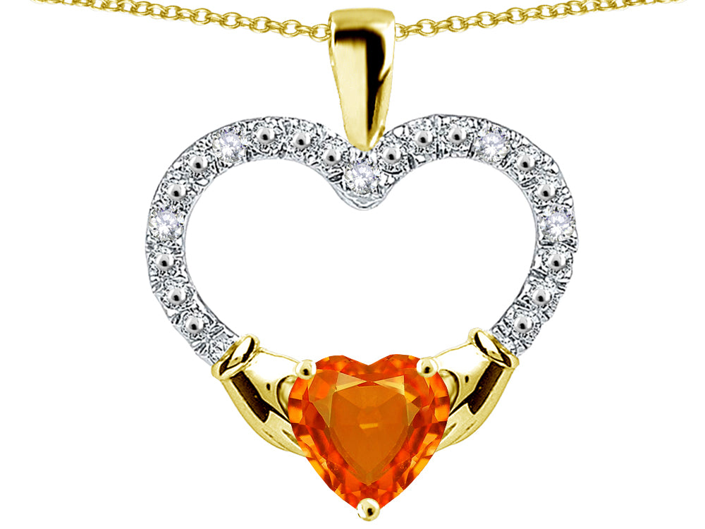 Star K Hands Holding Heart Simulated Mexican Fire Opal Claddagh Pendant Necklace