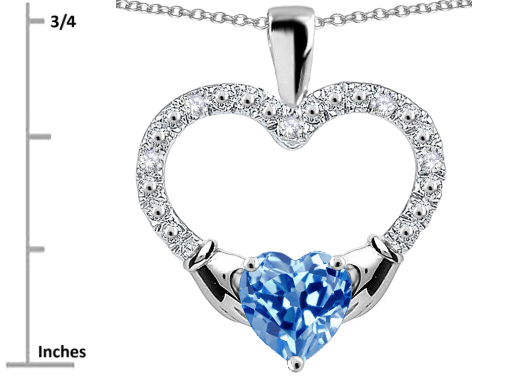 Star K Hands Holding Heart Genuine Blue Topaz Claddagh Pendant Necklace