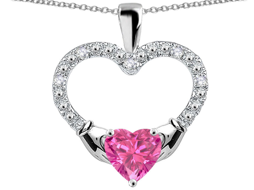 Star K Hands Holding Heart Created Pink Sapphire Claddagh Pendant Necklace