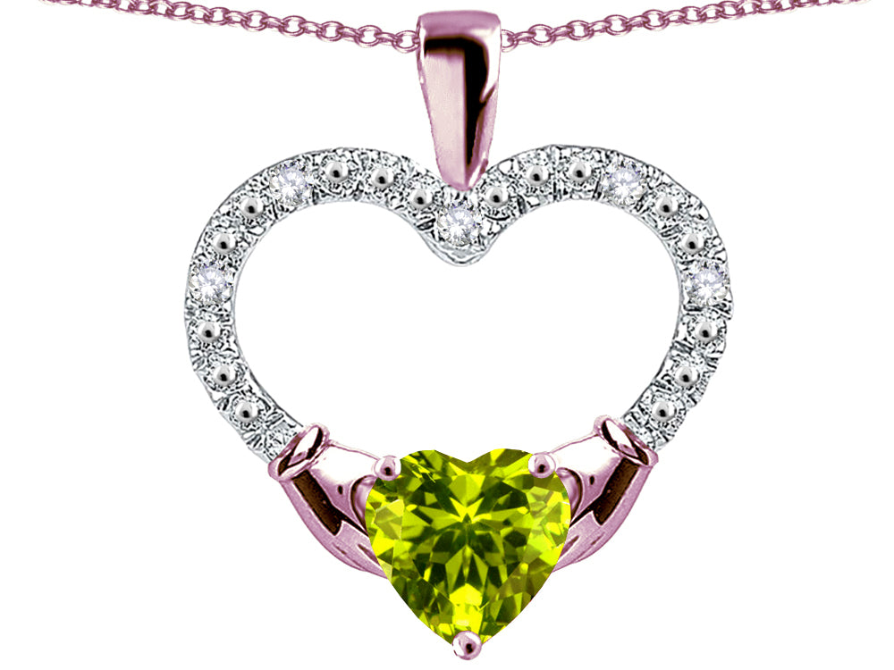 Star K Hands Holding Heart Genuine Peridot Claddagh Pendant Necklace