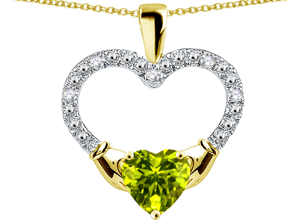 Star K Hands Holding Heart Genuine Peridot Claddagh Pendant Necklace