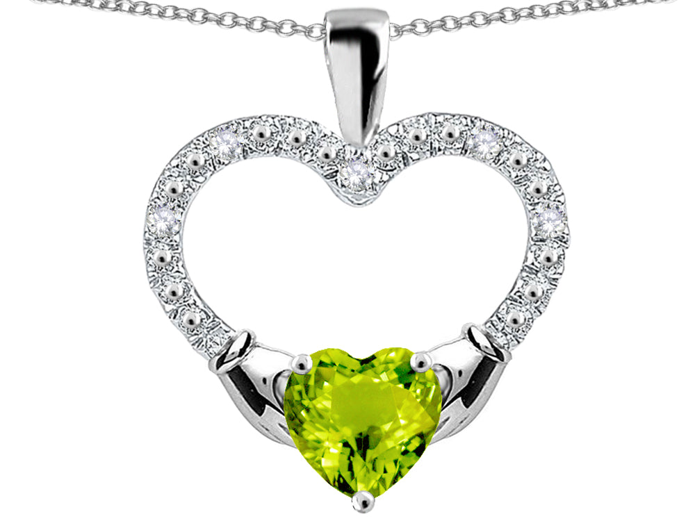 Star K Hands Holding Heart Genuine Peridot Claddagh Pendant Necklace