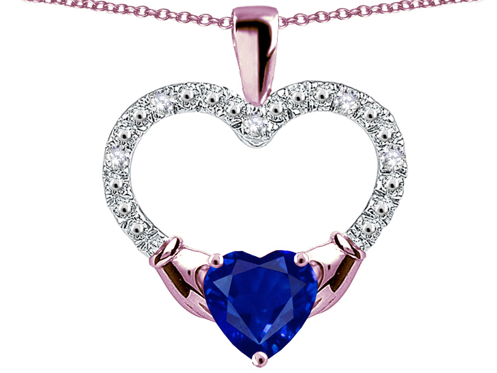 Star K Hands Holding Heart Created Sapphire Claddagh Pendant Necklace