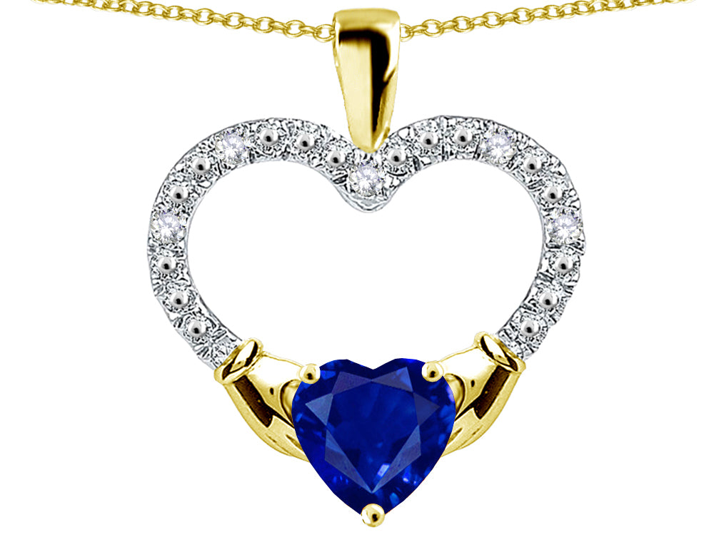 Star K Hands Holding Heart Created Sapphire Claddagh Pendant Necklace
