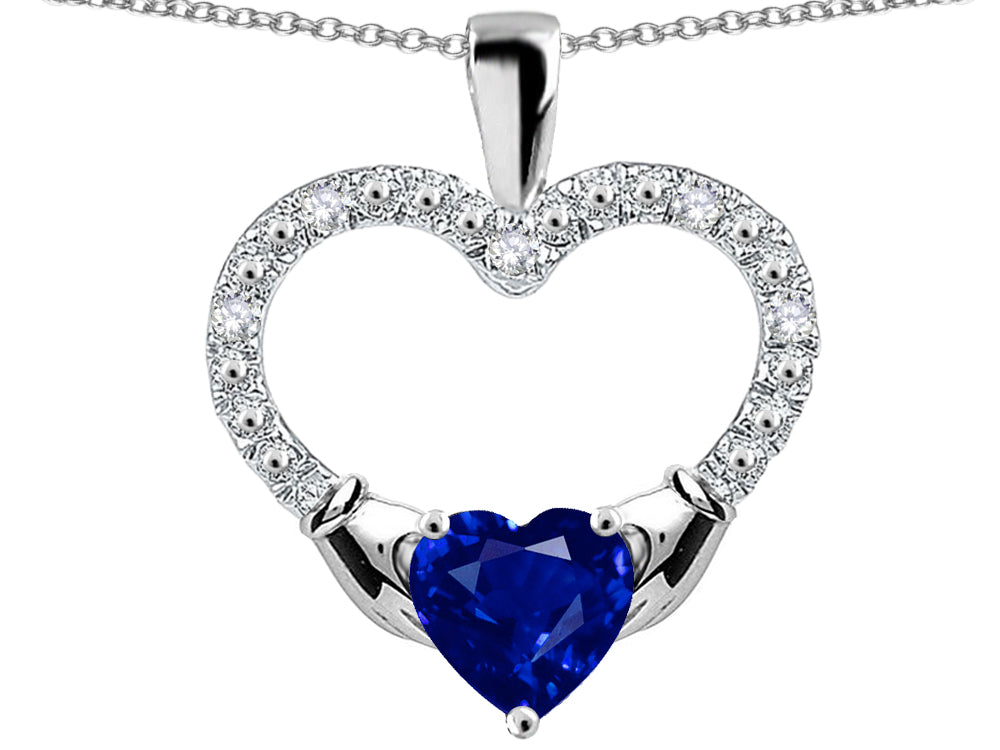 Star K Hands Holding Heart Created Sapphire Claddagh Pendant Necklace