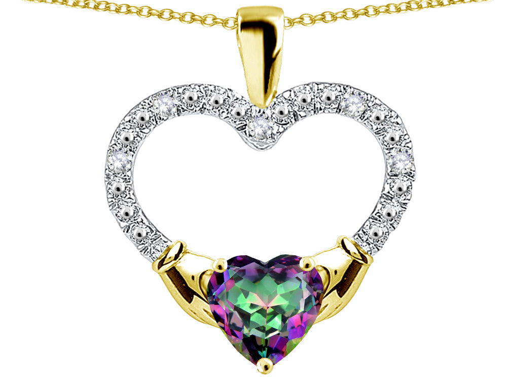 Star K Hands Holding Heart Rainbow Mystic Topaz Claddagh Pendant Necklace