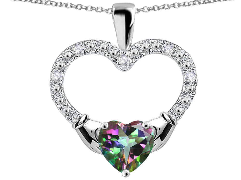 Star K Hands Holding Heart Rainbow Mystic Topaz Claddagh Pendant Necklace