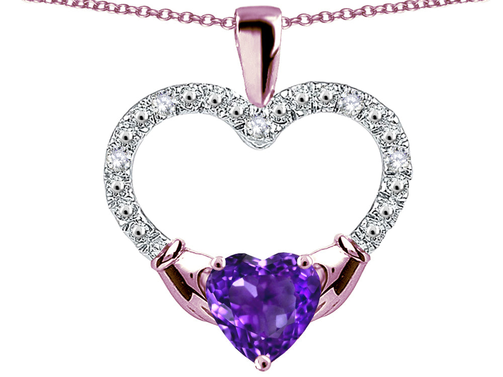 Star K Hands Holding Heart Genuine Amethyst Claddagh Pendant Necklace