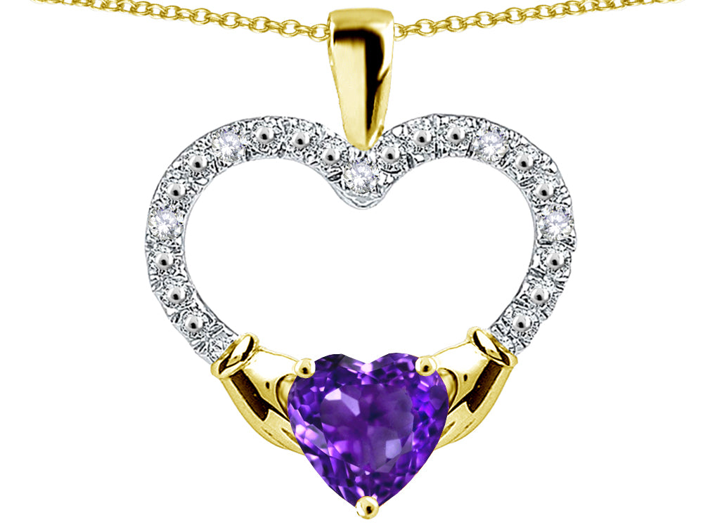 Star K Hands Holding Heart Genuine Amethyst Claddagh Pendant Necklace