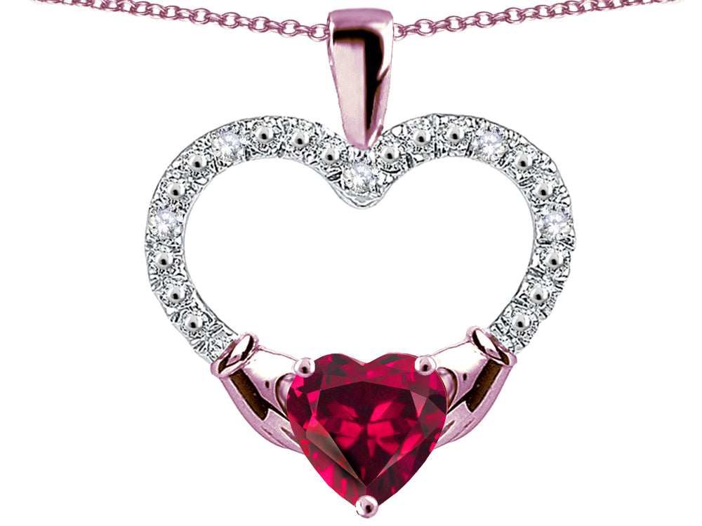 Star K Hands Holding Heart Created Ruby Claddagh Pendant Necklace